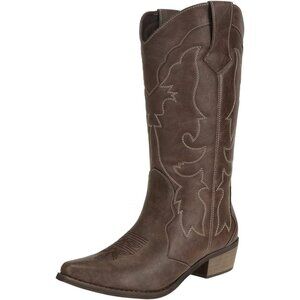 Women's Brown Comfortable Cowgirl Mid Calf Stylish Classic Beautiful Boots